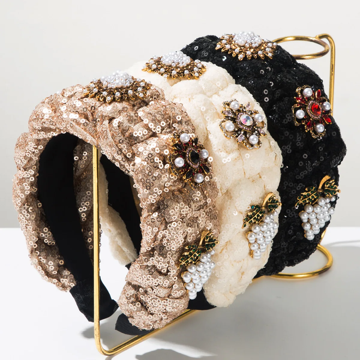 

New Vintage Twist Woven Sequins Diamond Pearl Grape Flower Wide Edge Headband Luxury Temperament Hair Accessories
