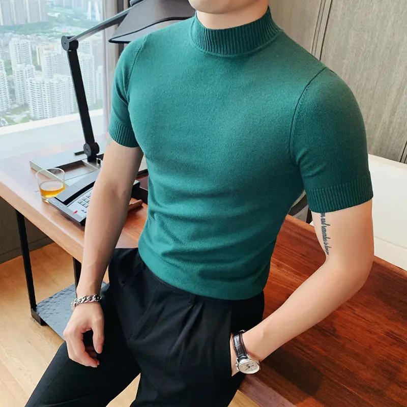 2023 Spring Autumn New Short Sleeve Knitted T-shirts For Men Solid Color Slim Fit Tee Fashion Commuter Korean Tops Male Clothes