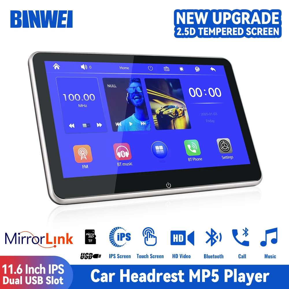 BINWEI 11.6 Inch Car Headrest Monitor MP5 Player Mirror Link HD 1080P Multimedia Video 2.5D IPS Touch Screen With USB/SD/AV/BT