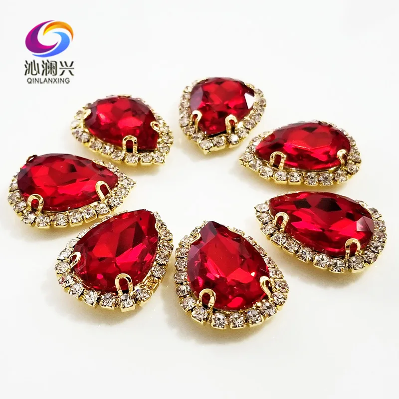 Red color Golden bottom Top grade Glass Crystal buckle,Drop shape sew on rhinestones,Diy wedding decoration 10pcs/pack