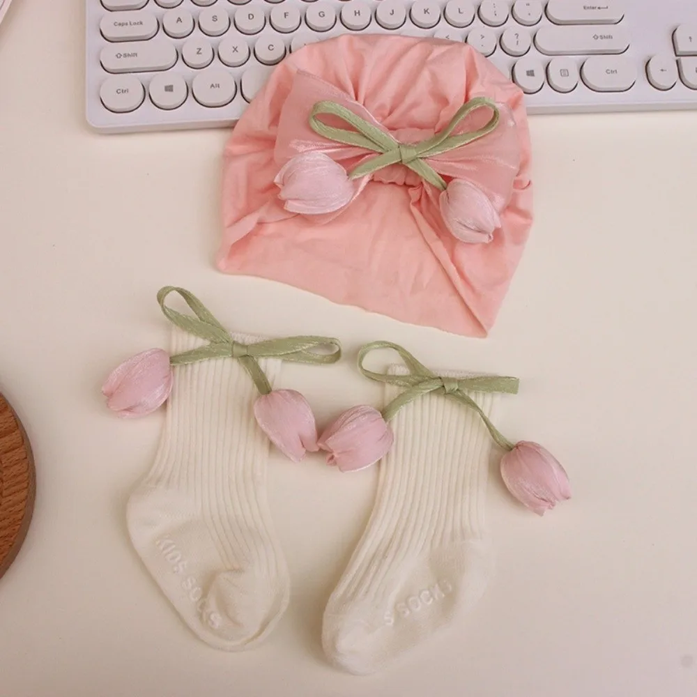 Soft Sweet Bow Newborn Cap Socks Set Elastic Kids Photography Props Girls Long Sock Fulip Flower Baby Beanies Newborn