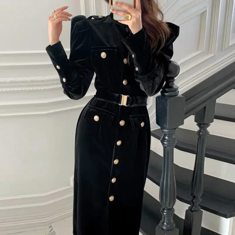 NMZM Korean retro velvet dress with waistband, long sleeves, single breasted stand up collar, women's split casual black dress