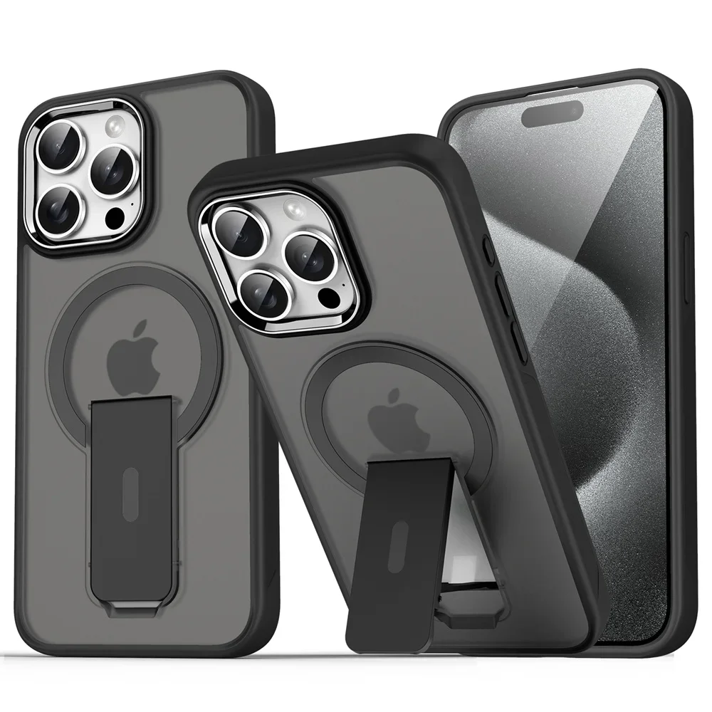 Luxury For Magsafe Folding Stand Magnetic Phone Case For iPhone 16 15 14 Plus 13 12 11 Pro Max Matte Translucent Back Cover Caps