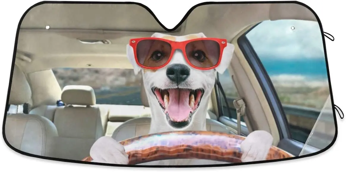 

Car Windshield Sun Shade Funny Dog Driving a Car, Blocks Sun Visor Protector Foldable Sun Shield for Most Sizes