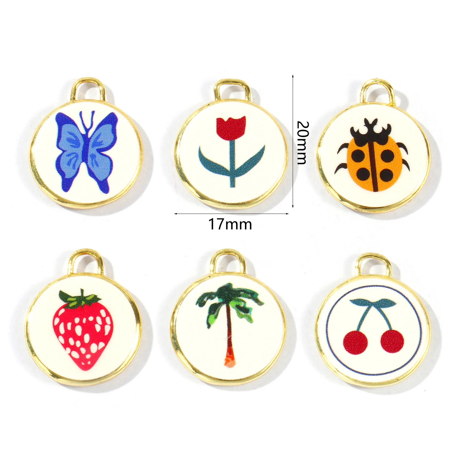 2pcs Brass Charms 18K Gold Plated Round Butterfly Flower Cherry Disc Printed Pendants DIY Necklace Earring Jewelry 20mm x 17mm