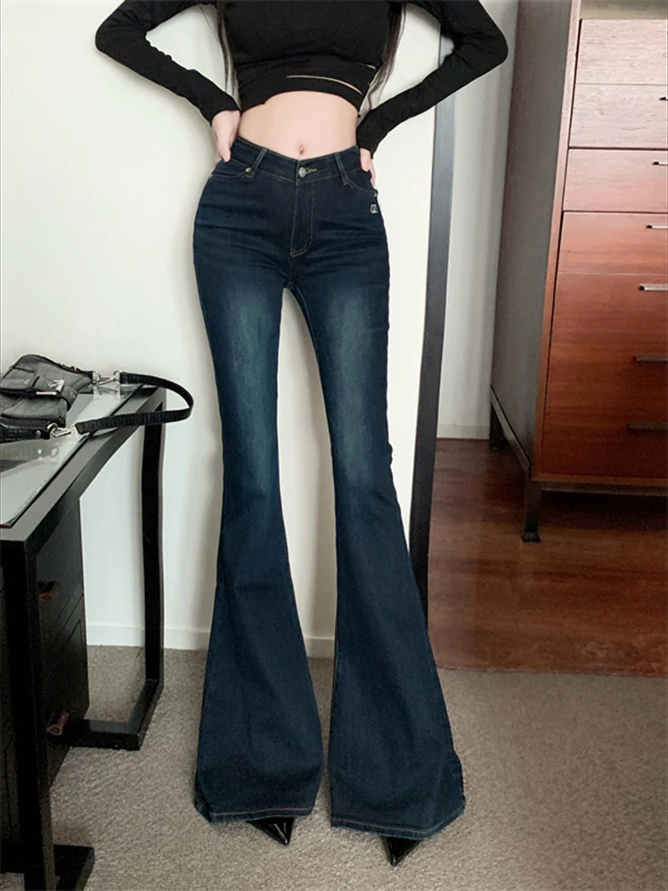 레트로 블루 마이크로 플레어 진 여성 여름 슬림핏 하이웨이스트 캐주얼 만능 패션 롱 팬츠