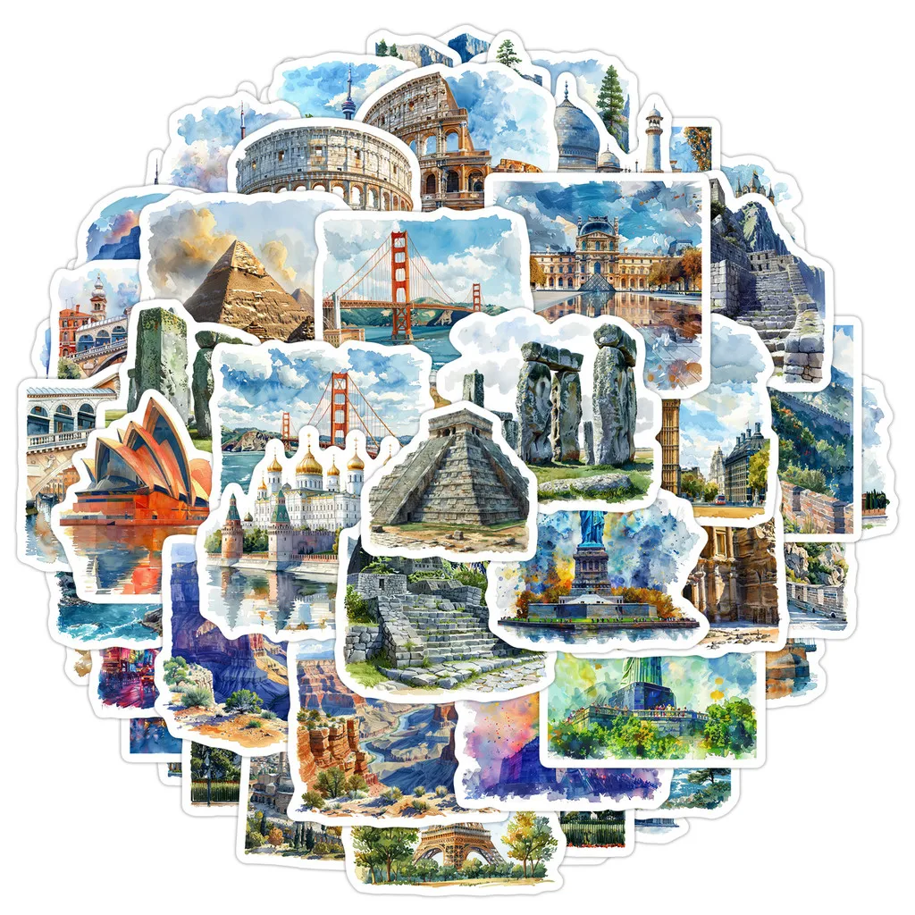 50PCS Watercolor Landmark Building Graffiti Stickers - Waterproof Decor for Water Cup & Phone LanLanStickersWorld Store