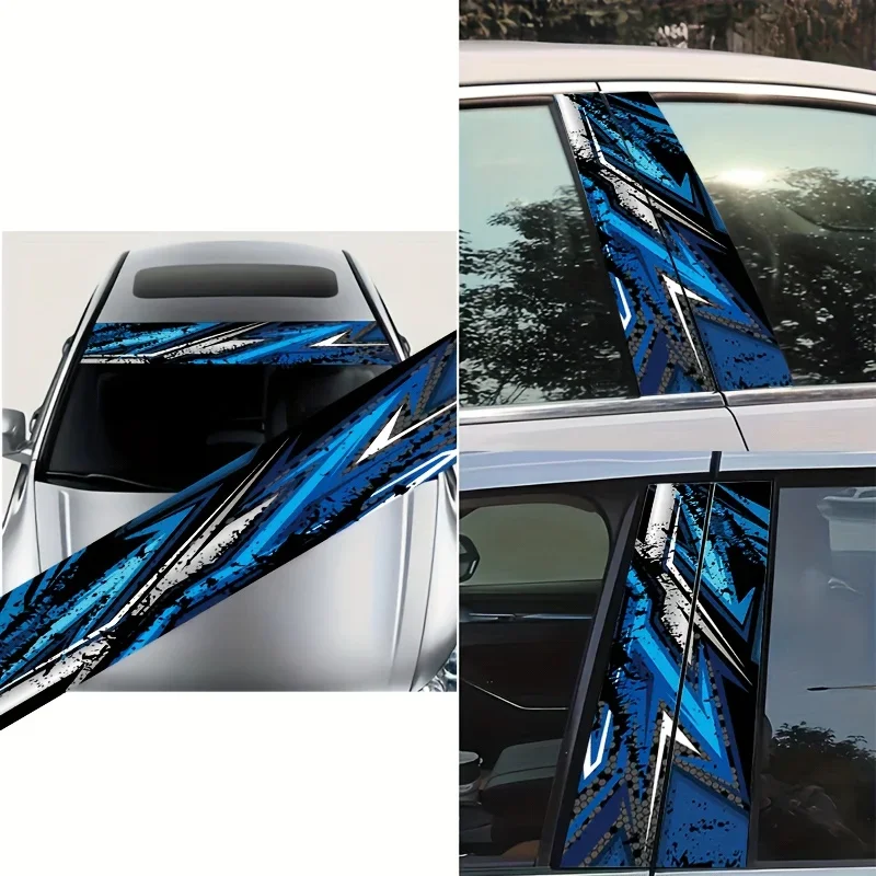One pack of 2 B-pillar graffiti stickers, 1 eye-catching car windshield sticker, and one pack of 1 engine cover sticker.