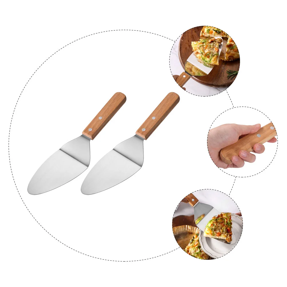 2 Pcs Wooden Handle Pizza Pizzeria Server Tool Multi-function Burger Spatula Stainless Steel Convenient Cooking