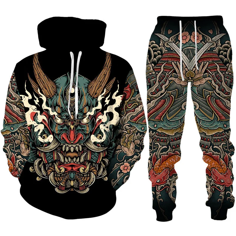 Mask Tattoo 3D Printing Hoodiemen's Clothing Harajuku Street Clothing Suit Brand Men's 2 Pieces of Track and Field Sportswear