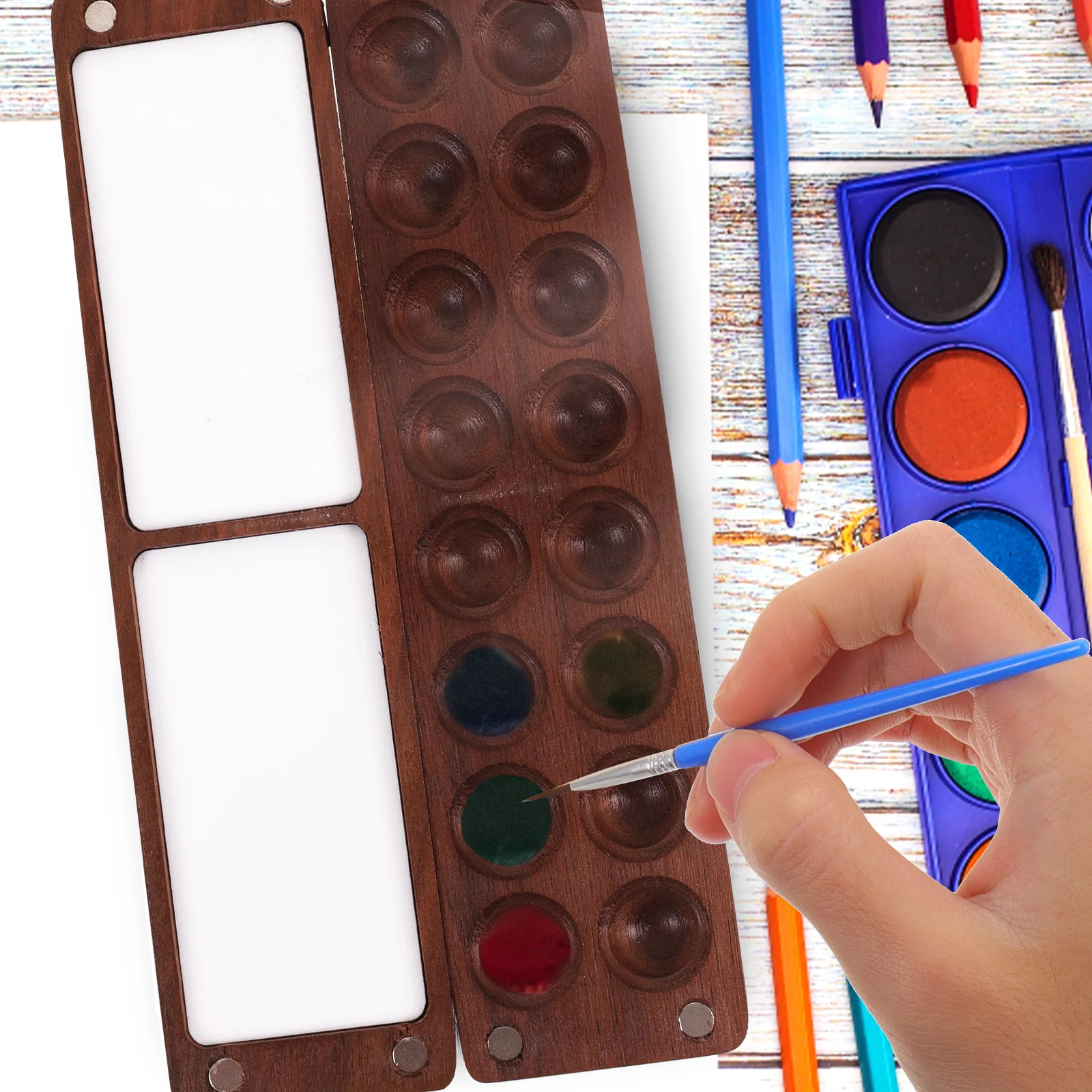 

Watercolor Pigment Box Wooden Palette with Compartment Lid Sturdy Portable Mixing Tray for Gouache Painters Student Artist Gift