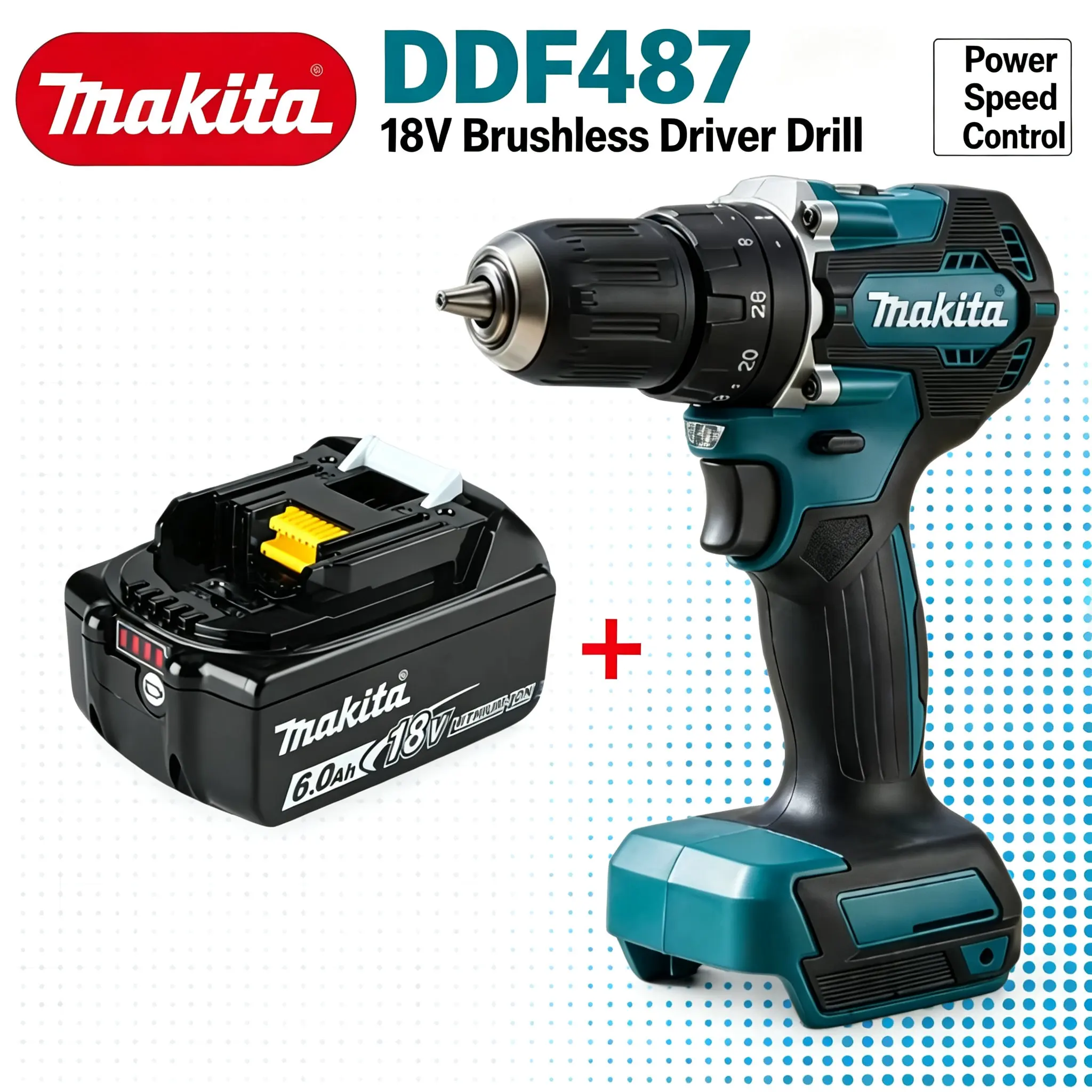 Nowa, oryginalna wkrętarko-wkrętarka bezprzewodowa Makita DDF487, 18 V, bezszczotkowa, elektryczna, z funkcją uderzeń, akumulatorowa, narzędzie elektryczne – tylko narzędzie.