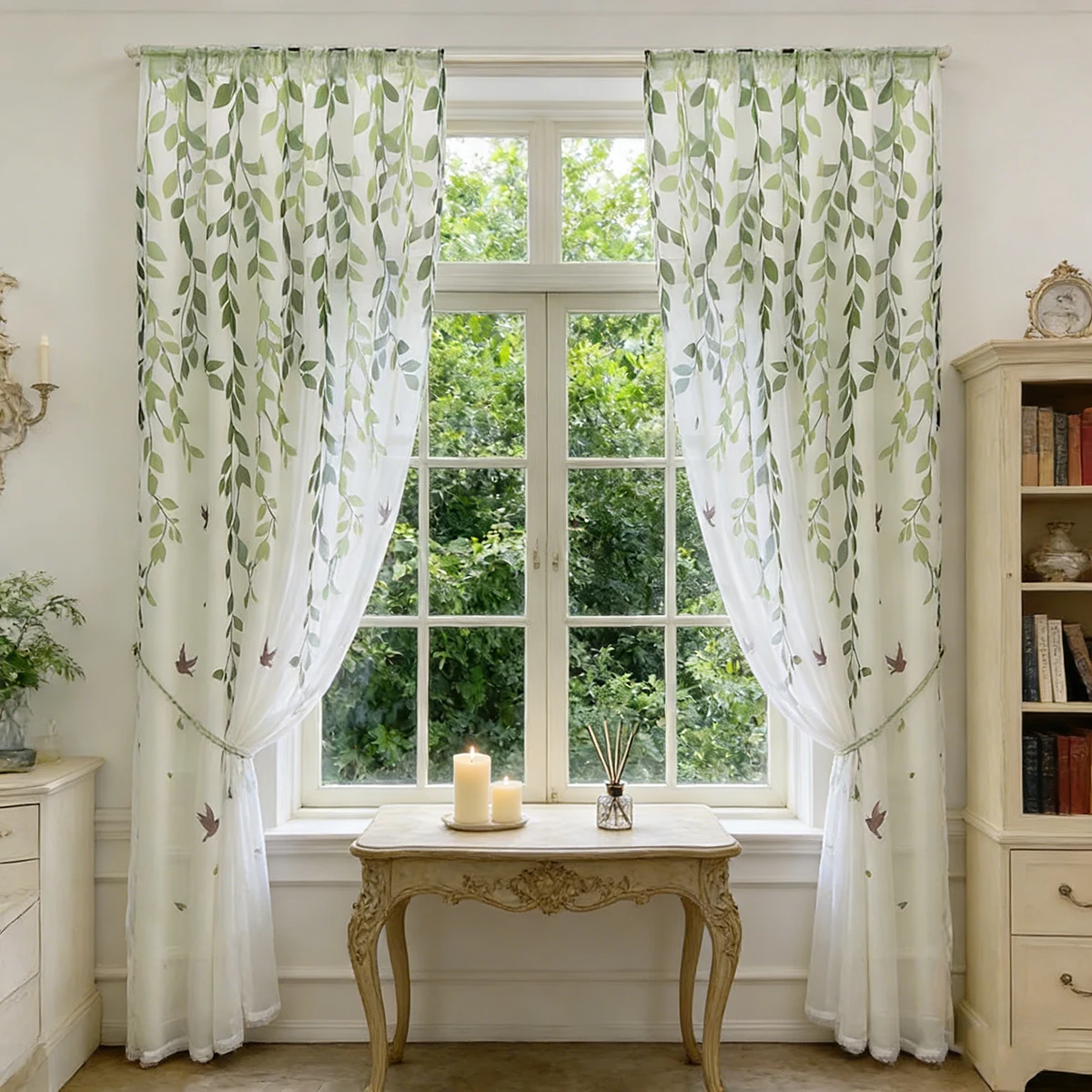 Green Field Plant Willow and Swallow Transparent Tulle Curtains For Bedroom,Living Room, Filter Light Window Screen Home Decor