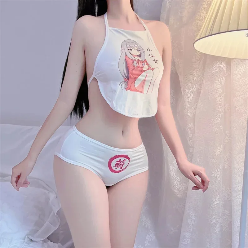 زي الملابس الداخلية اليابانية للنساء المثيرة الرسن Crotchless سراويل مجموعة مثير Harajuku الكرتون الإباحية النص طباعة الملابس الداخلية