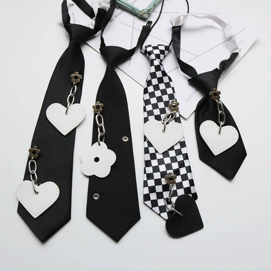 

College Style Black Short Tie for Boys and Girls Sweet Cute Cool Personalized Trendy No Knot Tie Shirt Accessories Checkered Tie