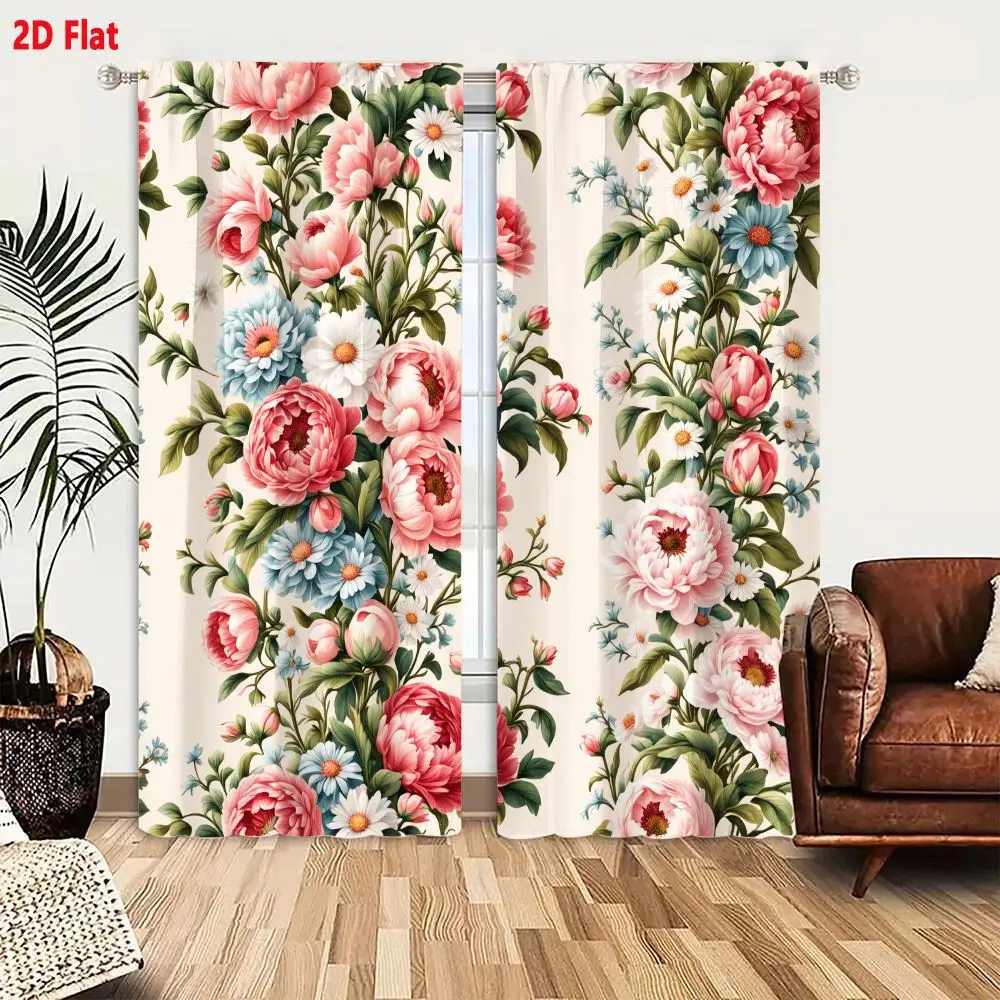2Pcs Curtains 2D Flat Seamless Floral Pattern With Lush Peonies Daisies And Foliage On Light Beige Background Window Drapes for