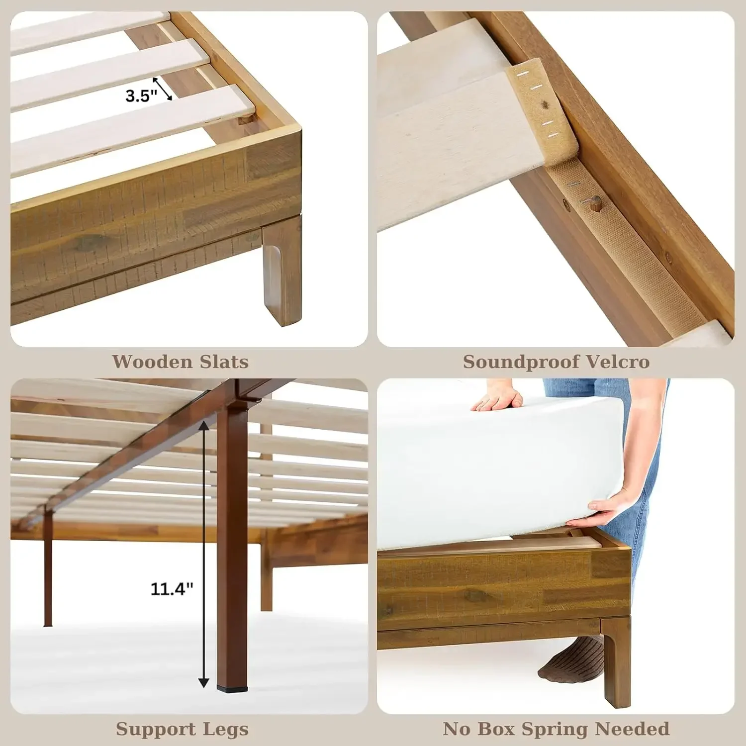 Marco de cama King Ethan de madera maciza con cabecera de diamantes - Moderno rústico y de mediados de siglo - Cama con plataforma de madera de acacia - Compatible