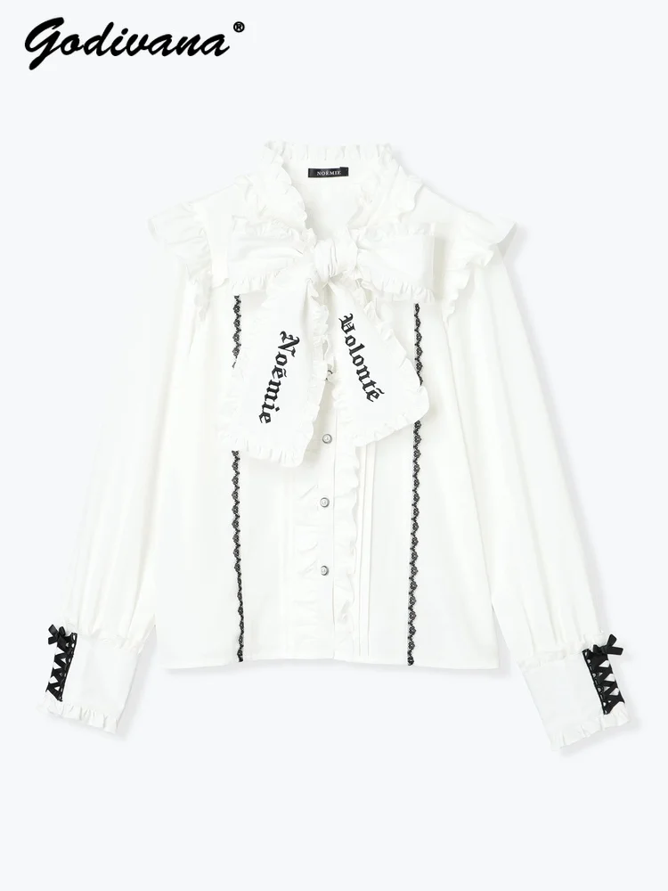 고딕 스타일 러플 레이스업 칼라 보타이 대량 생산 긴팔 셔츠 레터 자수 여성 블라우스 셔츠