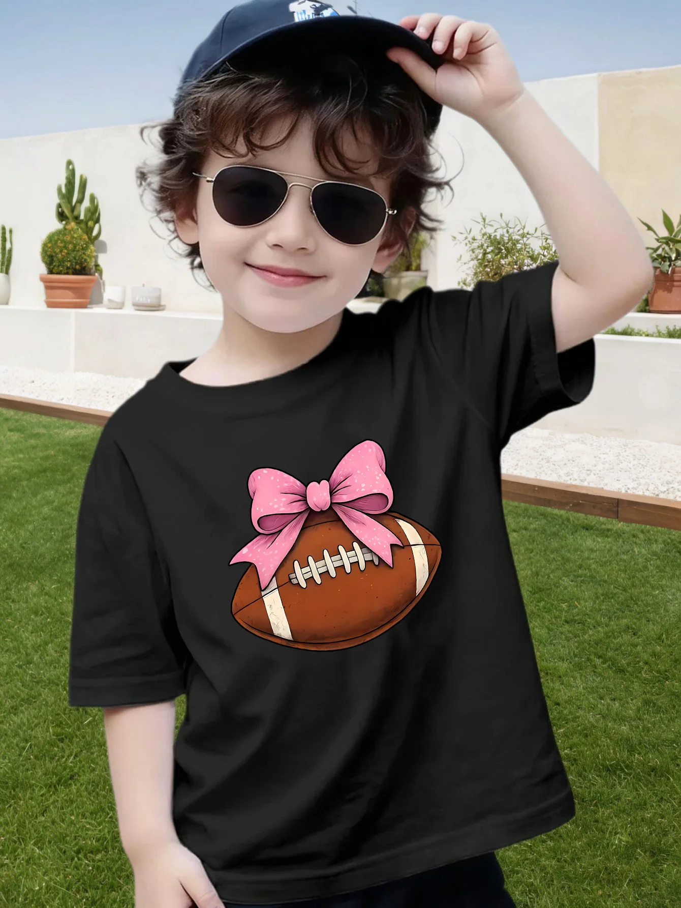 Lovely Bow Football Graphic Print Boys Girls Family Matching Cotton Short Sleeve Crew Neck Soft Summer Kids Daily Casual Tees