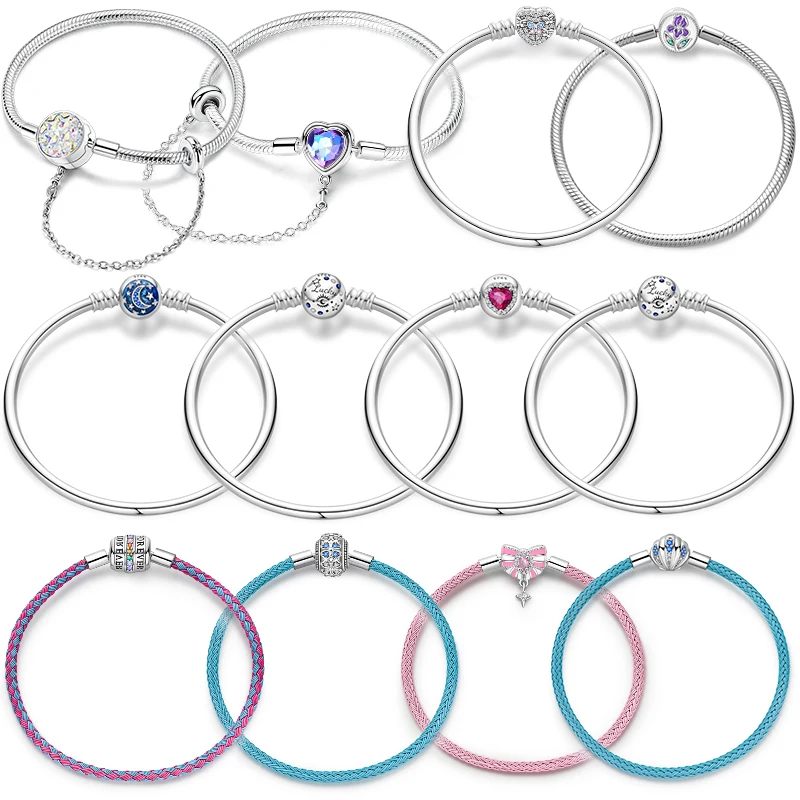 

925 Sterling Silver Rainbow Leather Bow Heart Starry Sky Snake Bone Chain Suitable For Original Beaded Diy Gift Exquisite