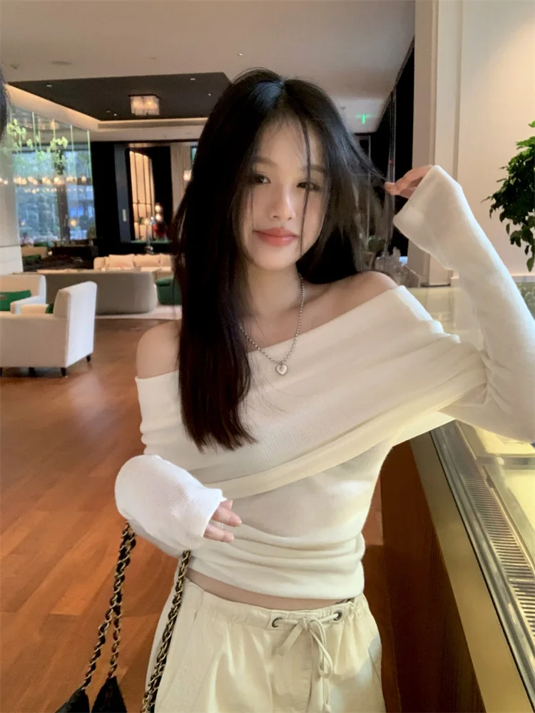 French Chic Off Shoulder Knit Top Women Spring Ruffled Sleeve Elegant Stretch Layering Blouse Soft Figure Flattering Blouse