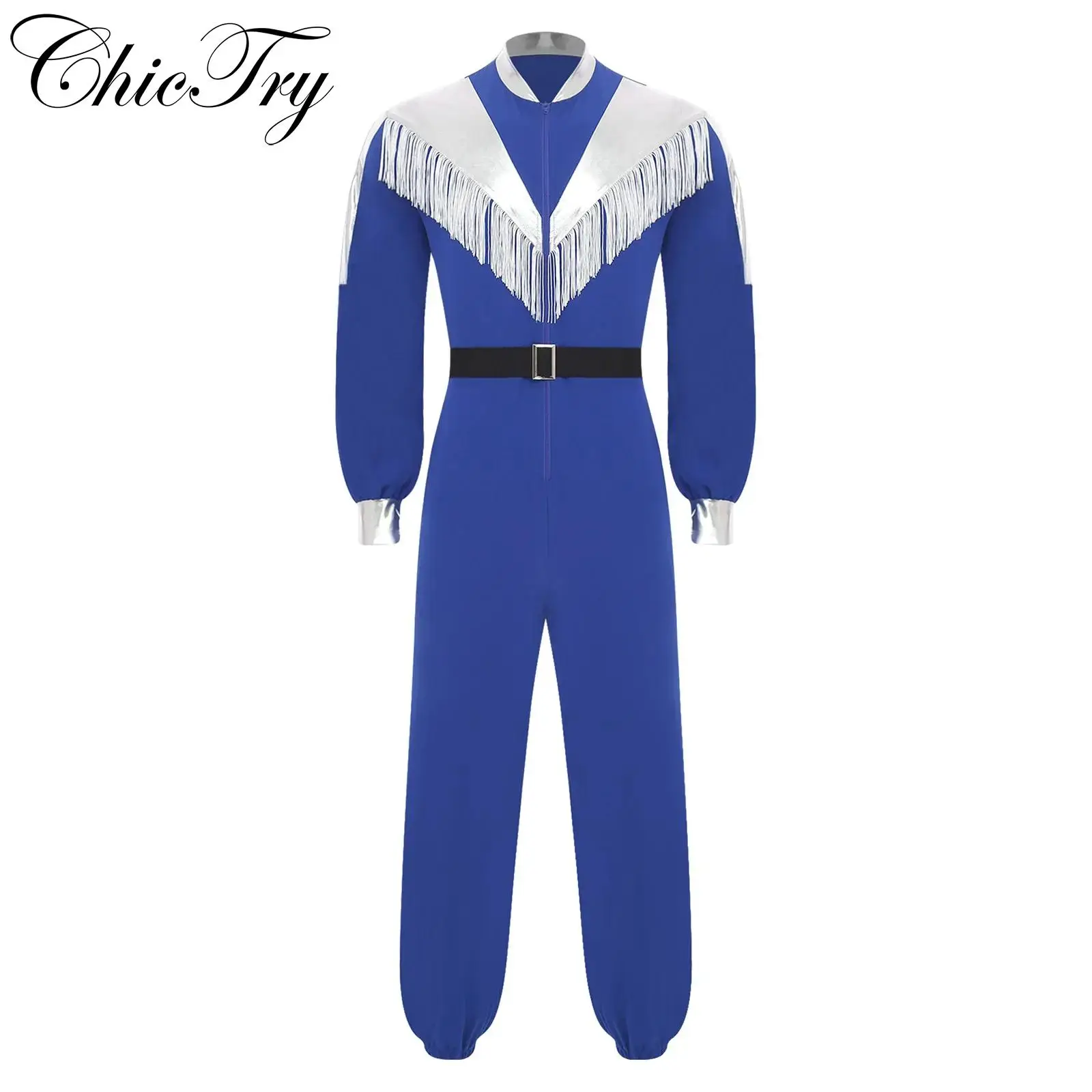 

Adult Mens Halloween Astronaut Jumpsuit Space Cowboy Costume Long Sleeve Color Block Metallic Patchwork Tassels Belt for Cosplay