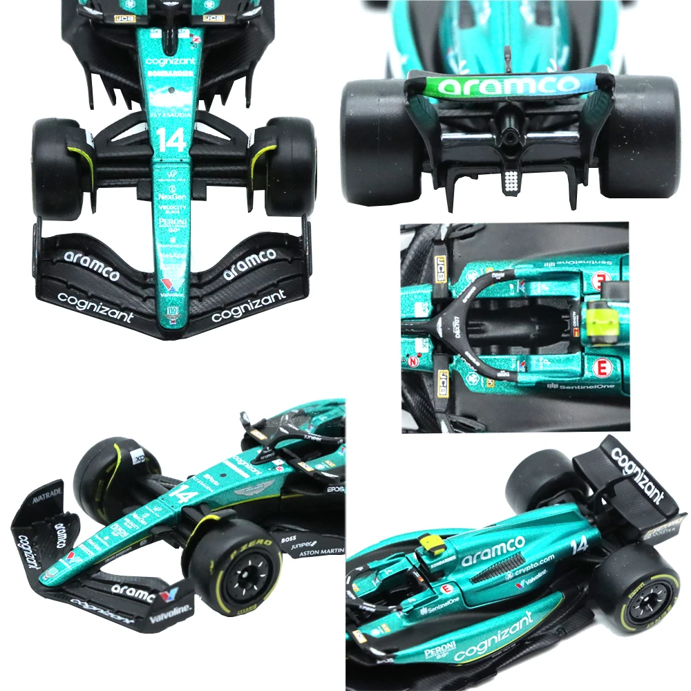 1/43 Bburago 2023 Aston Martin Aramco Team AMR23 Modelo de corrida # 14 pneus de borracha fundidos para motorista Fernando Alonso