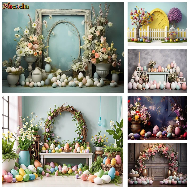 

Mocsicka Spring Easter Photography Background Birthday Party Floral Wooden Door Egg Backdrop Kids Portrait Cake Smash Banner