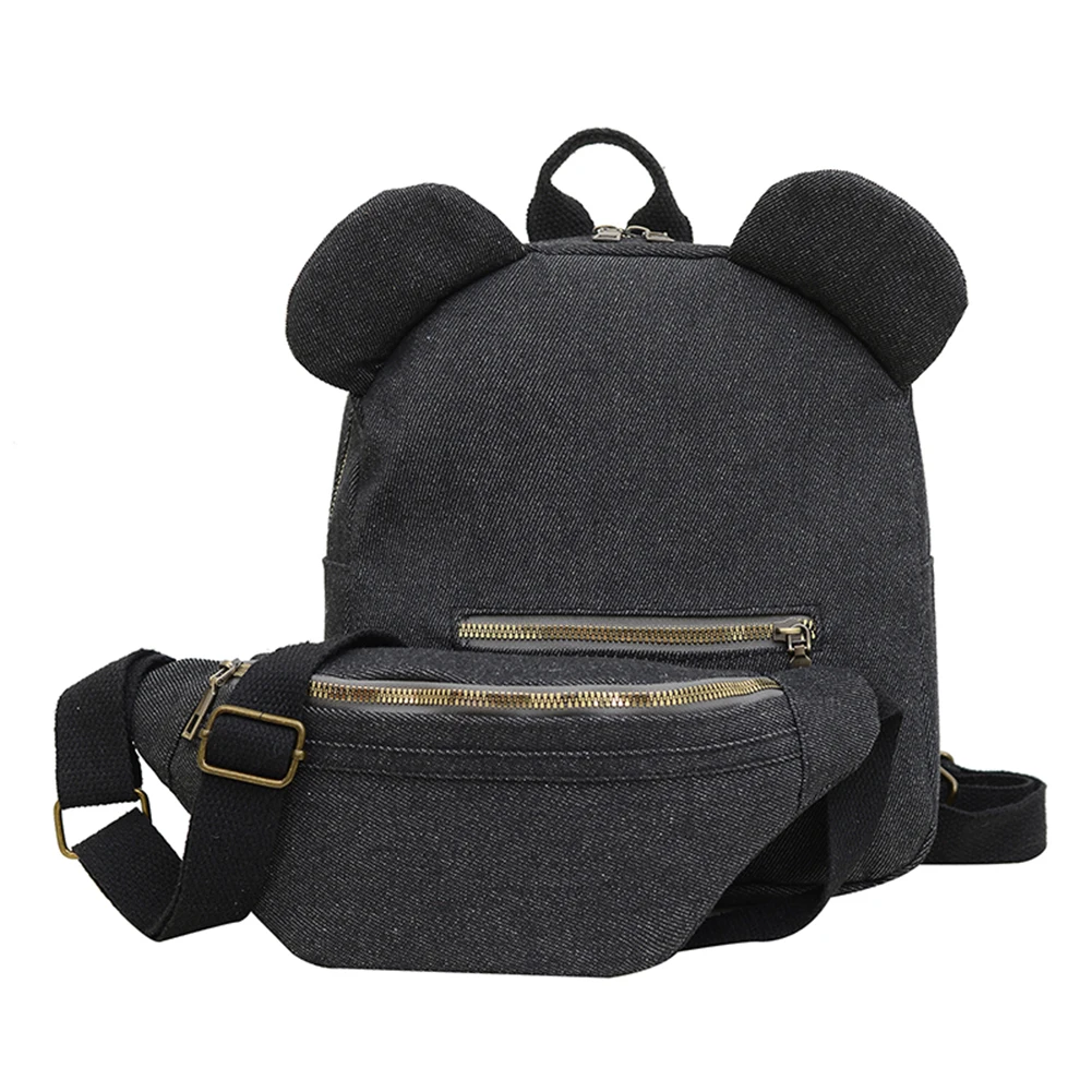 

Bear Ear Backpack for Women Adjustable Strap Book Bag Canvas Solid Shoulder Bag with Waist Bag Knapsack Travel Shopping Rucksack