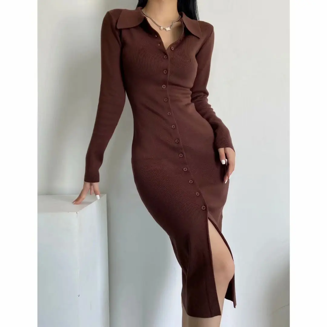 Foreign trade  Cross-border 2024 autumn new European and American style sexy slim-fitting hip-wrapped knitted long-sleeved dress