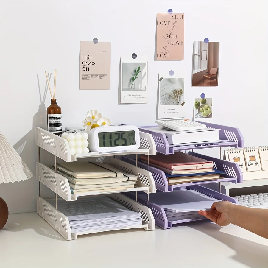 

3-Tier Detachable Plastic File Organizer - Horizontal Desk Storage Rack for Office Supplies, Documents & Books, for Return Schoo