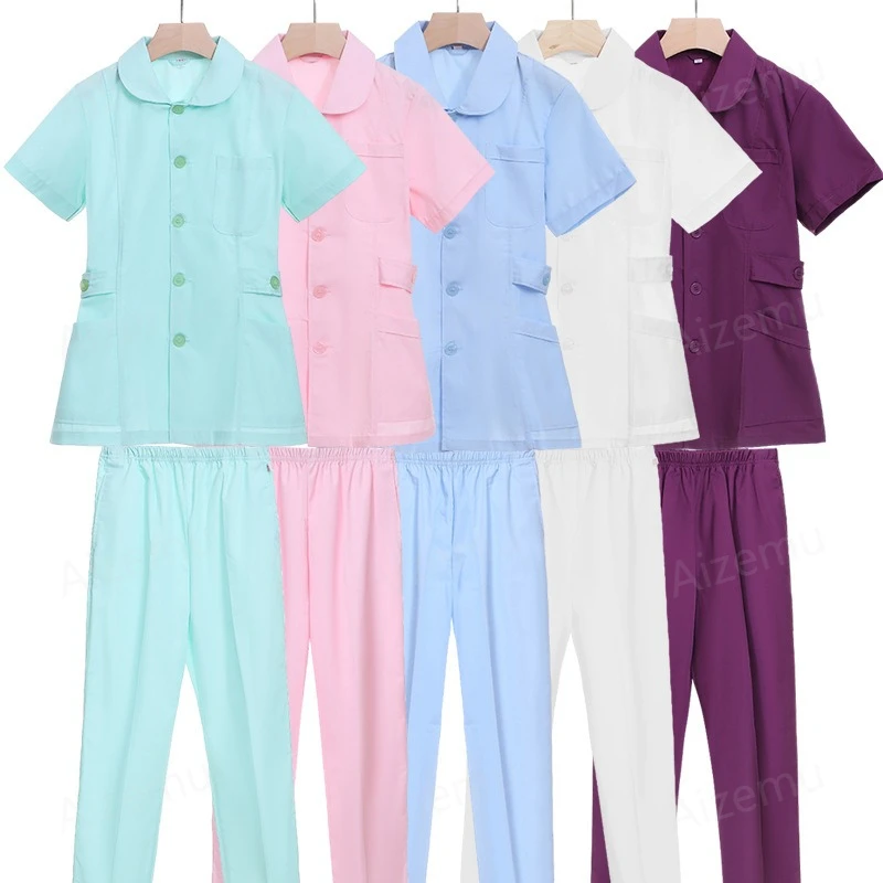 pink-women-short-scrubs-set-nurse-doctor-medical-uniform-workwear-nursing-two-piece-suit-beauty-salon-hospital-gown-custom-logo