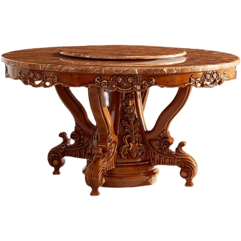 

round table marble dining table full solid wood carving flower home dining with turntable villa hotel dinin