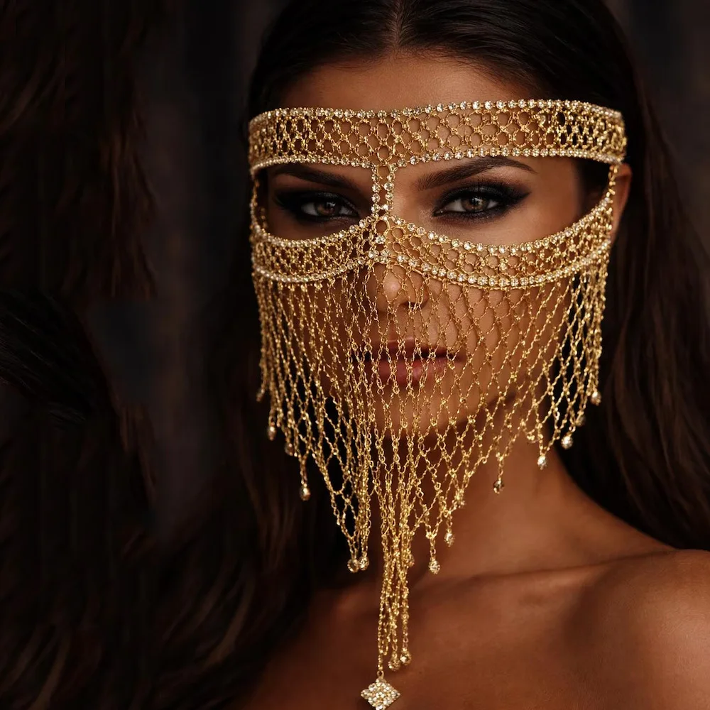 Halloween Unisex Rhinestone Mesh Tassel Fringe Breathable Mask for Masquerade Stage Party Carnival Fancy Dress Costume Accessory 3