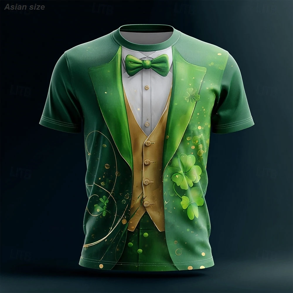 St Patricks Day T Shirt Men Costume Green Tuxedo Suit Bow Tie 3D Graphic Tees Funny Irish Festival Party Outfit Clothing Apparel