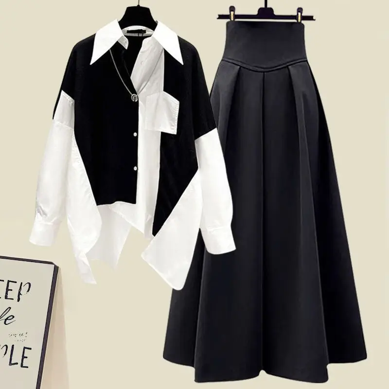 2024 Autumn New Dress Matching Set Women\'s Fashion Loose Long Sleeved Striped Shirt+High Waist Midi Skirt Two Piece Female Suit