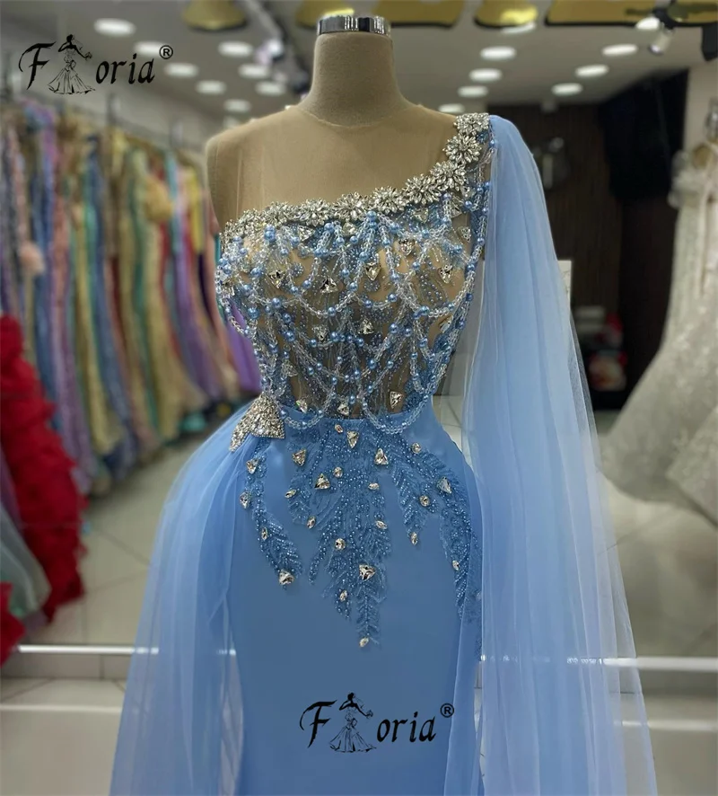 Vestido árabe de tul azul para ocasión Formal con sobrefalda, vestidos de fiesta con cuentas y borlas y cristales, vestidos de fiesta de noche de sirena