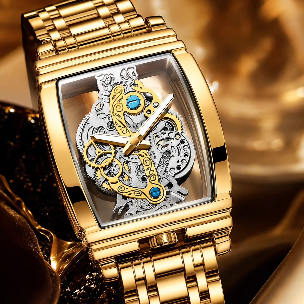 

Women's Quartz Watch, Gold Metal Bracelet, Square Hollow Gear Dial, Elegant Fashion Wristwatch