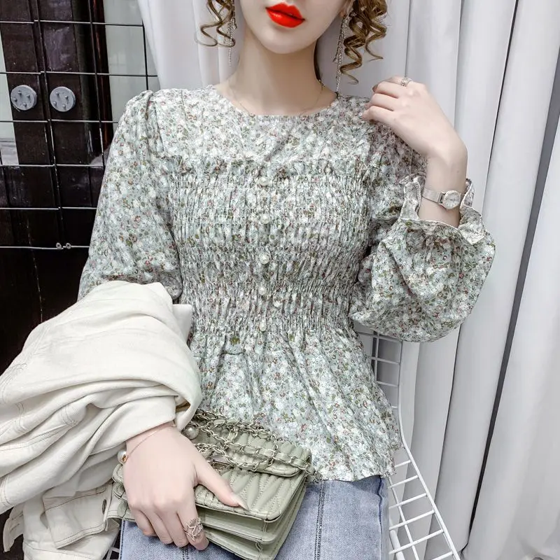 Fashion Korean Printed Flare Sleeve Slim Blouse for Female Summer Fashion Trend Round Neck Temperament Shirt Women\'s Clothing