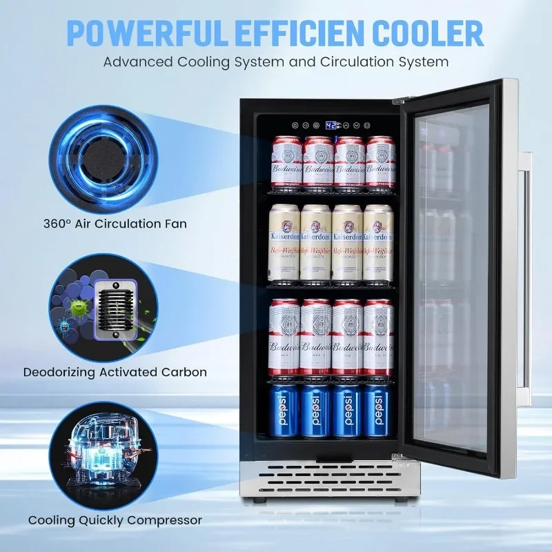 15 inch Beverage Refrigerator with Glass Door 130 Cans Mini Beverage Cooler Under Counter Frestanding Built in Center Garage