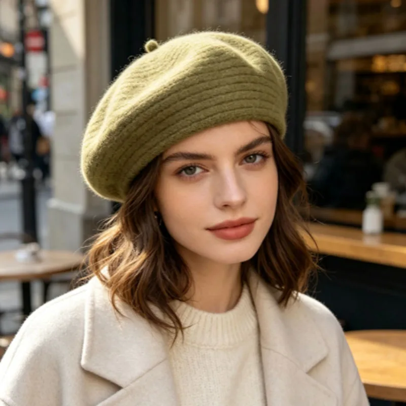 Olive Green Knitted Beret Women Striped Texture Soft Warm French Artist Hat Autumn Winter Casual Headwear