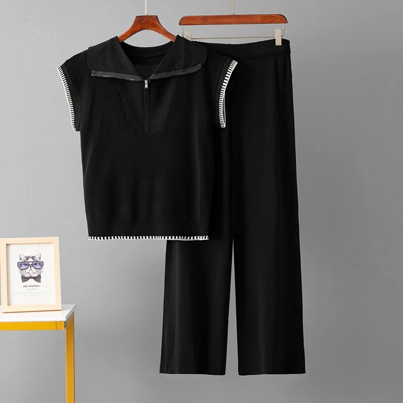 Conjuntos de 2 piezas de punto suelto para mujer, camisetas sin mangas de punto con cuello de solapa, Tops, conjuntos de pantalones rectos de cintura alta, novedad de verano