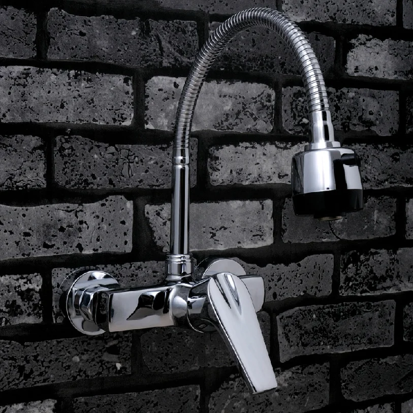 

Wall Mounted Kitchen Faucet Single Handle Kitchen Mixer Taps brass chrome Dual Holes Hot and Cold Water Tap 360 Degree Rotation