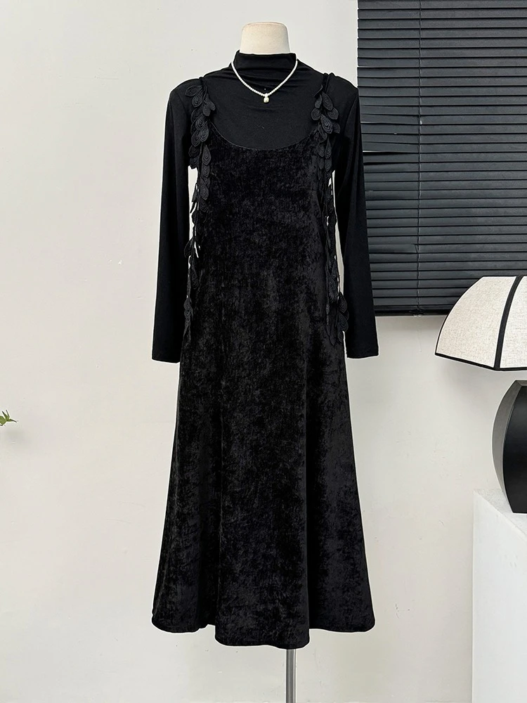 フランス風エレガントベルベットミディ丈スリップドレス レディース 秋 ハイネック長袖Tシャツ風 エレガントヴィンテージ風 ツーピース スリムフィット