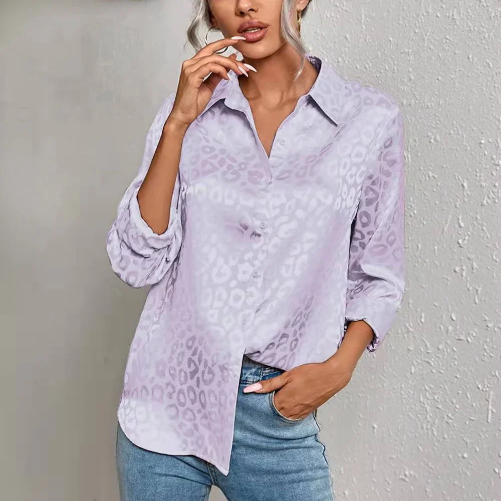 

Leopard Print Fashion Lapel Temperament Shirt 2024 European and American Casual Long-sleeved Top Commuting All-match Women Shirt