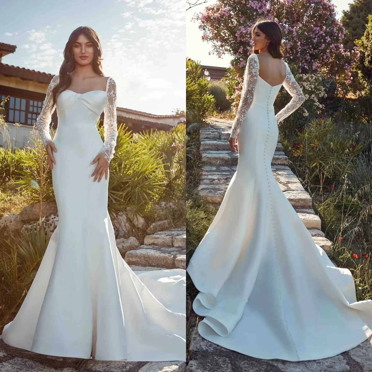 

Simple Satin Mermaid Wedding Dresses Button Back Long Train Bridal Gowns Sexy Detachable Sleeves Customized Vestidos De Mariee