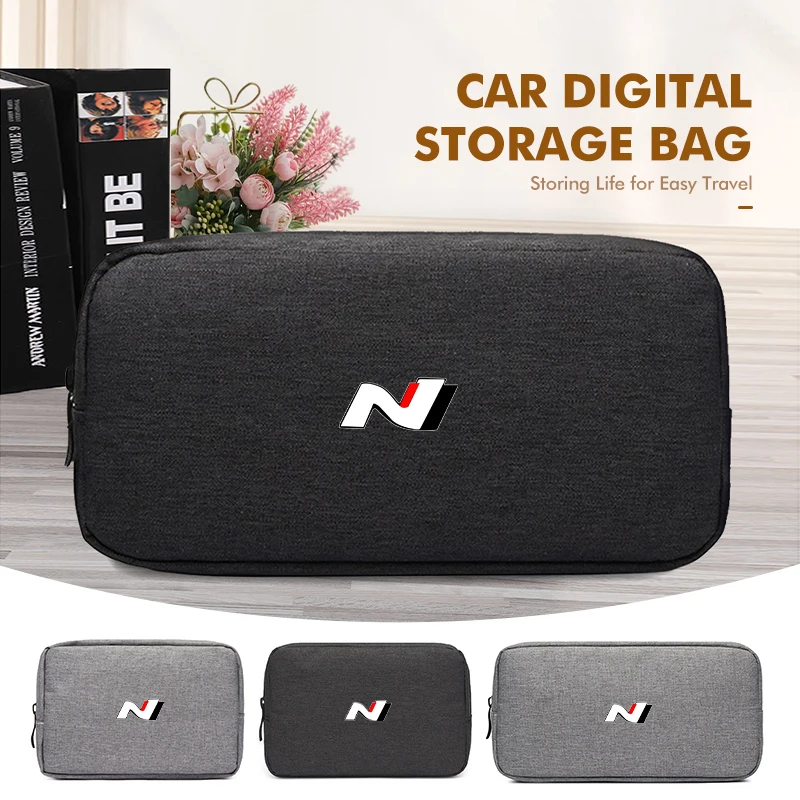For Hyundai Car Logo Digital Storage Bag Data Cable Organizer N Line i20 i30 Sonata Tucson Azera Elantra Veloster