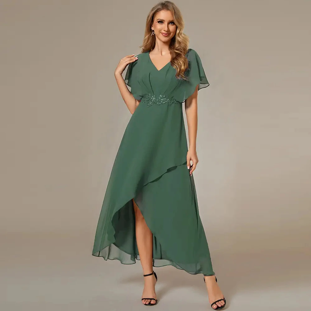 BAZIIINGAAA Party Dress Chiffon Appliques High-low Evening Dress with Short Sleeves Evening Dresses