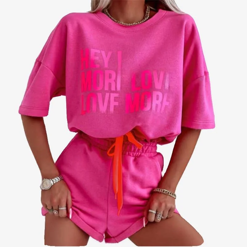 Conjunto de Roupas Casuais Fenas, Cseta e orts, Conjunto de Moda Juvenil com Decote Redondo e Manga Curta