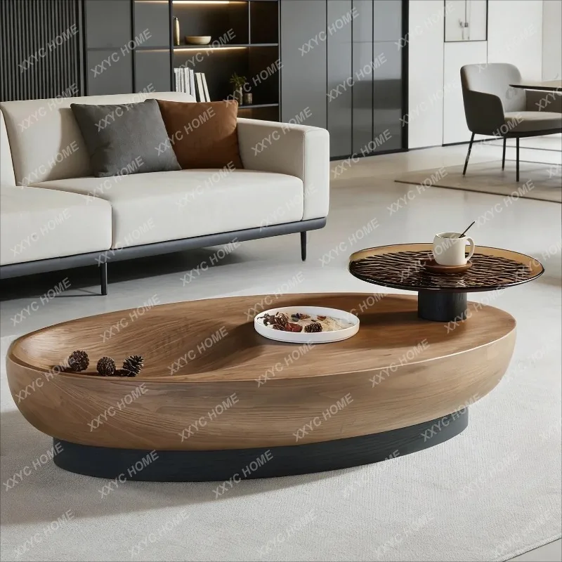 XX light luxury vintage style oval solid wood coffee table, double-layer glass countertop, creative living room coffee table